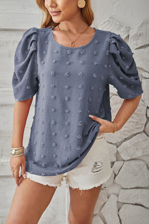 Textured puff-sleeve blouse in Dusty Pink with pom-pom details