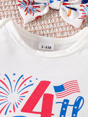 White cotton baby outfit with patriotic fireworks and flag graphic.