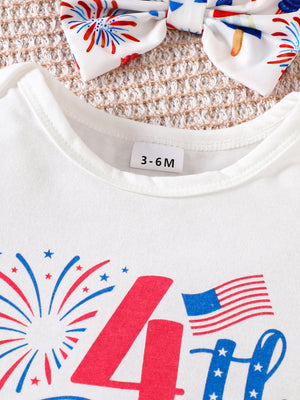 White cotton baby outfit with patriotic fireworks and flag graphic.