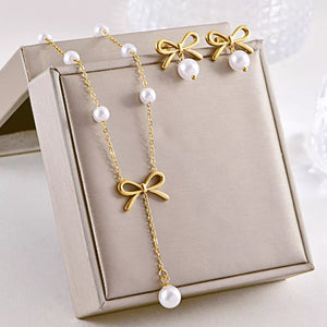 Synthetic Pearl, 18K Gold-Plated, Stainless Steel Care instructions: Avoid weari Jewelry Set in Gold with N/A silhouette