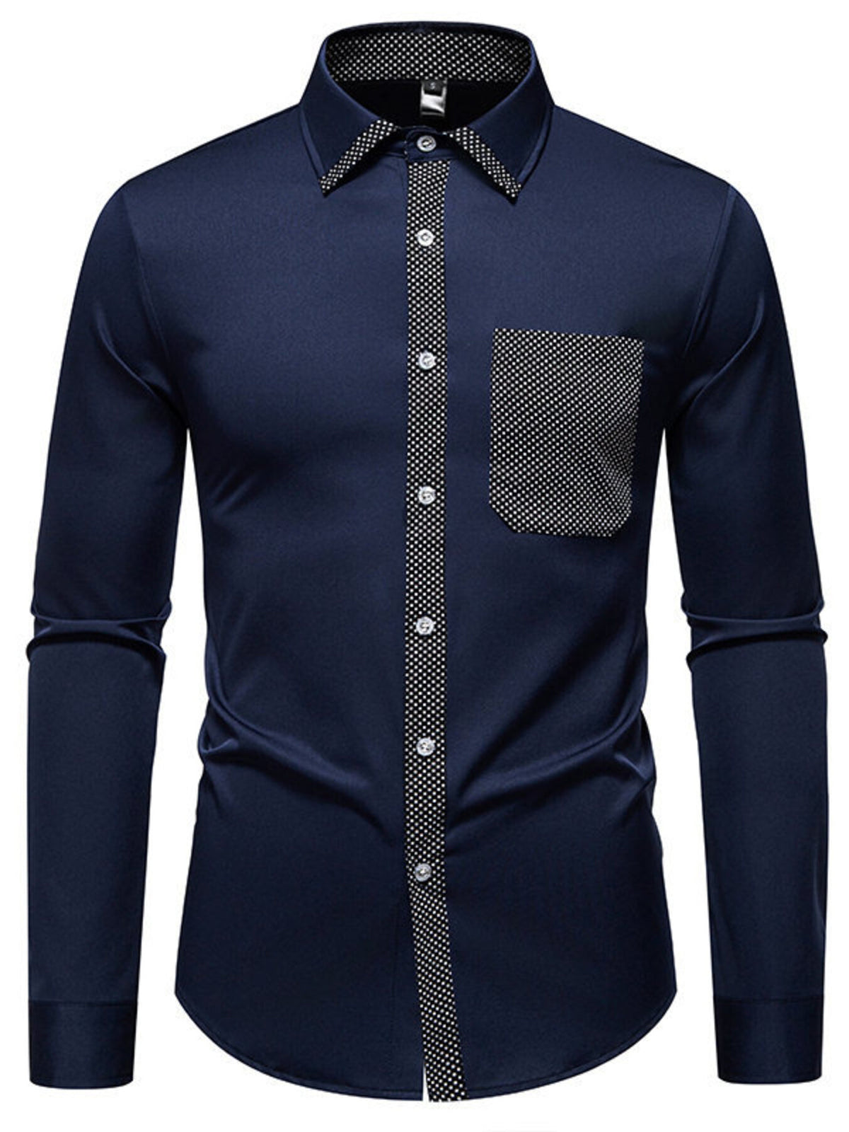 Navy blue slim fit button-up shirt with polka dot trim and pocket