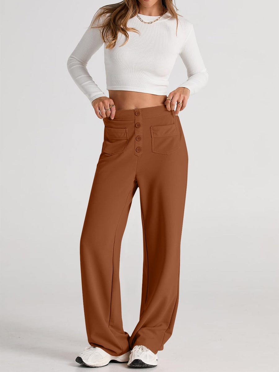 Button-front palazzo trousers in caramel with four decorative buttons and front pockets.