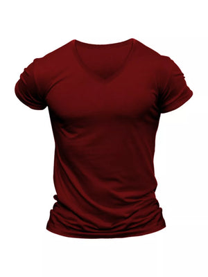 Men's Full Size V-neck Slim Fit Casual T-shirt in Burgundy