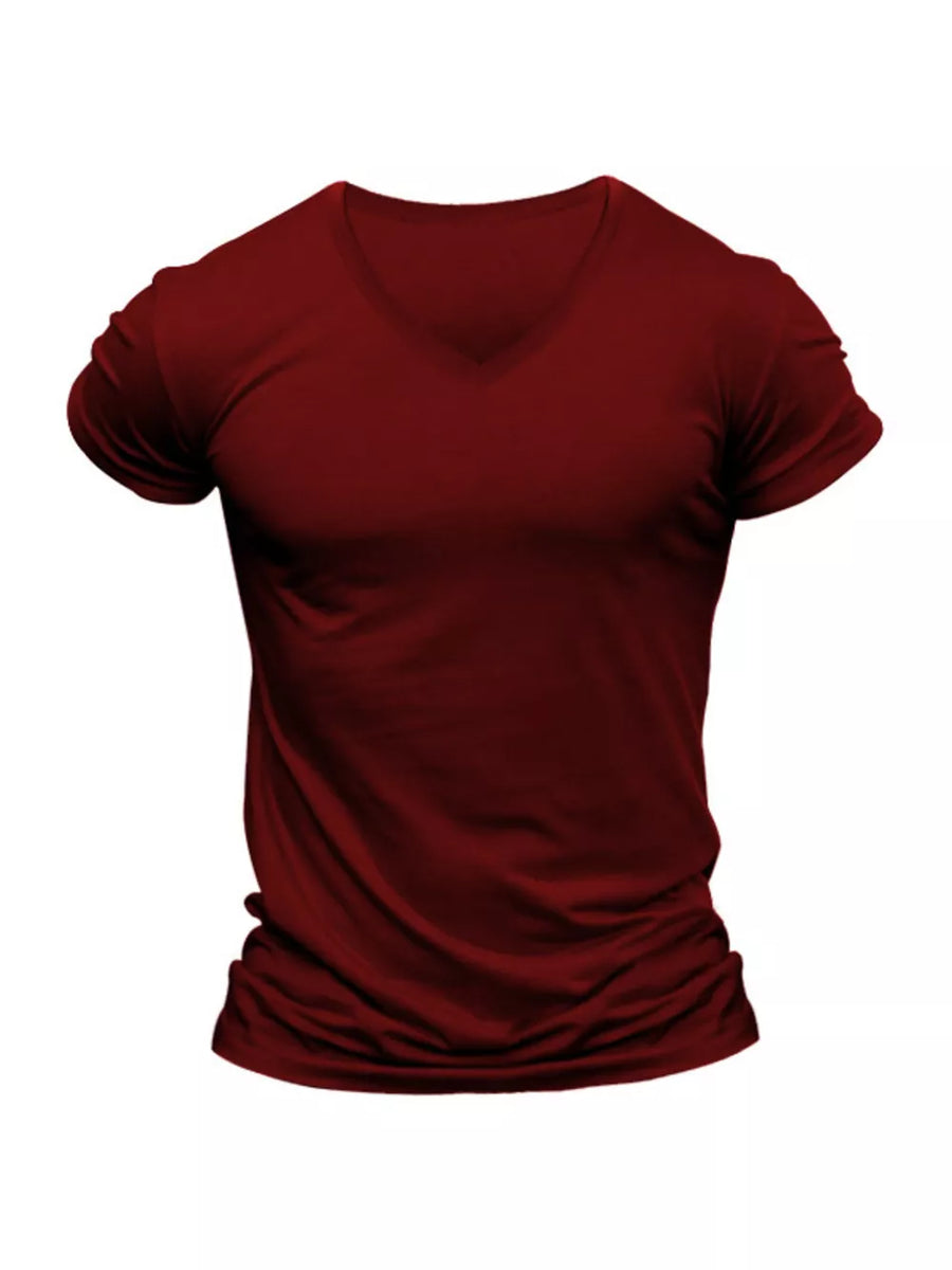 Men's Full Size V-neck Slim Fit Casual T-shirt in Burgundy