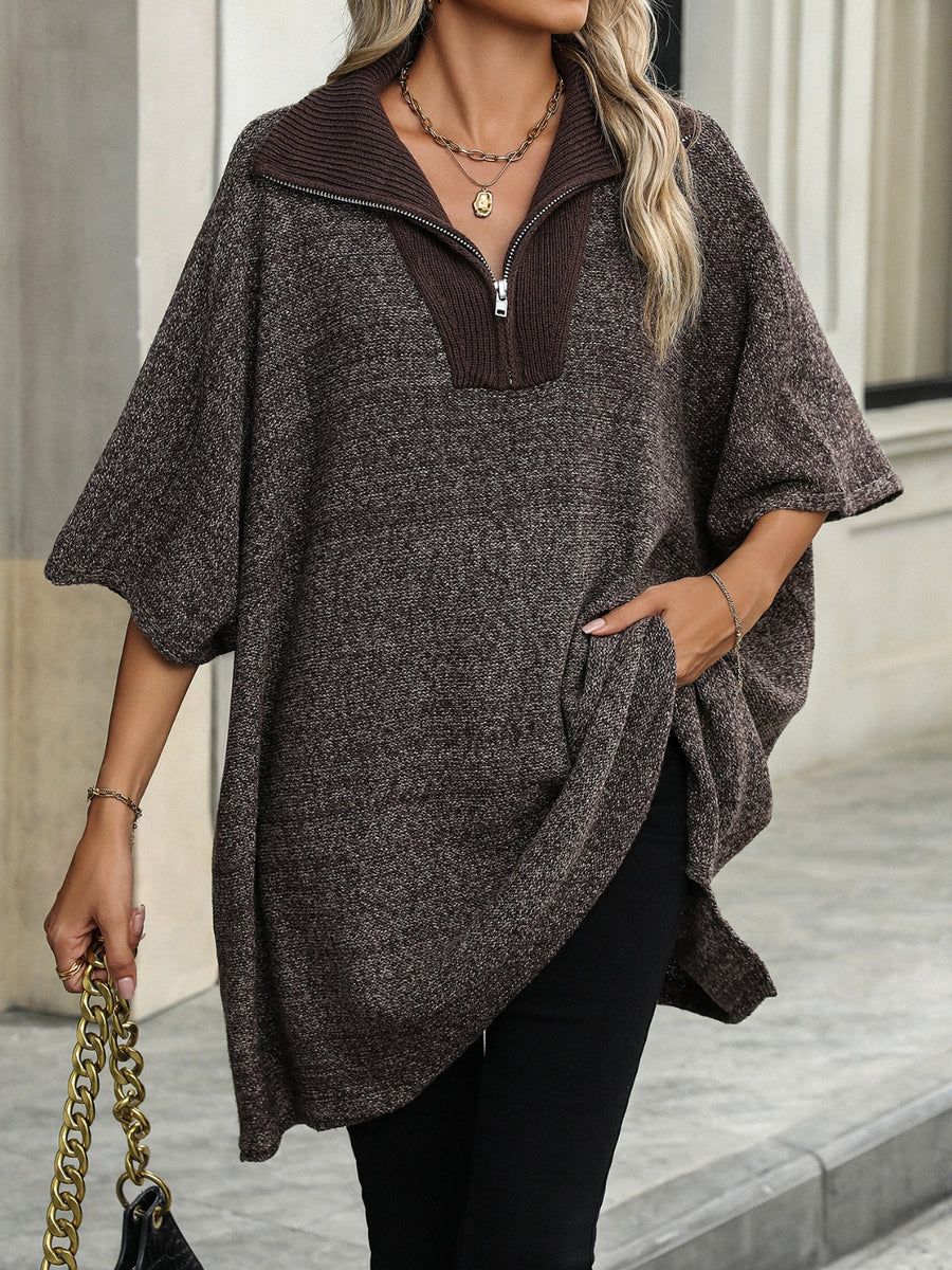 Asymmetric knit zip-neck poncho in coffee brown with short sleeves and a relaxed fit.