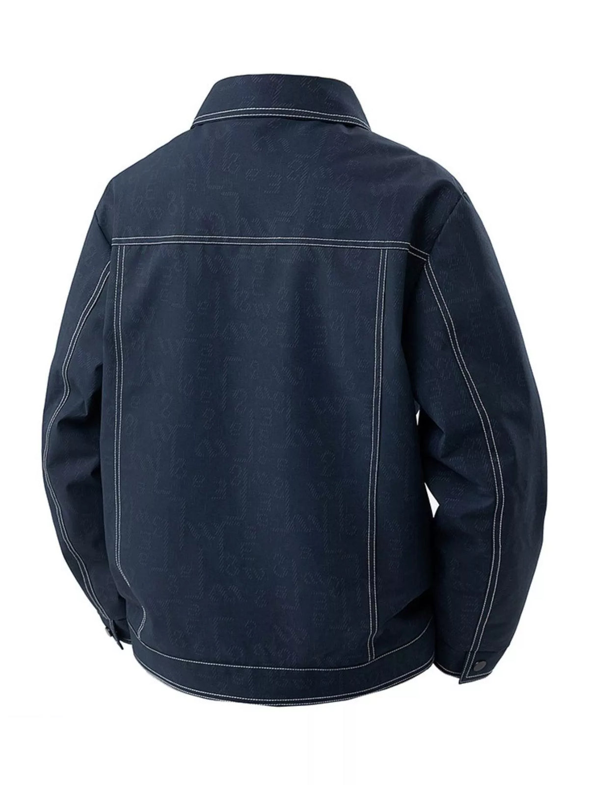 Denim blue oversized trucker jacket with all-over subtle logo pattern and white contrast stitching.
