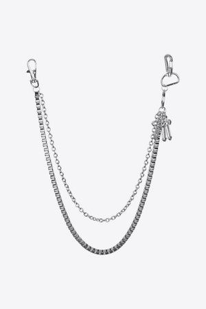 Silver geometric chain waist accessory with crossed charms and lobster clasps.