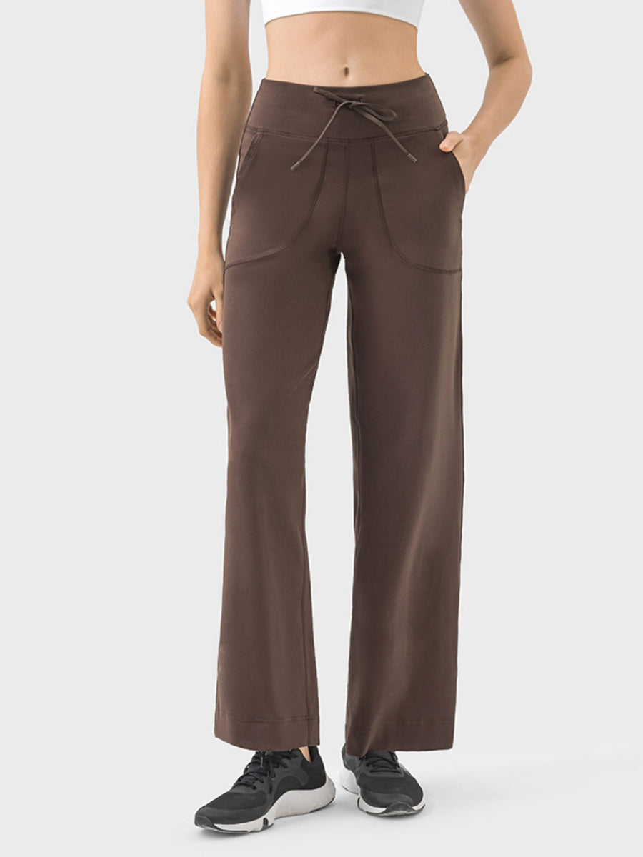 Wide-leg drawstring active trousers in mocha with pockets and a relaxed fit.