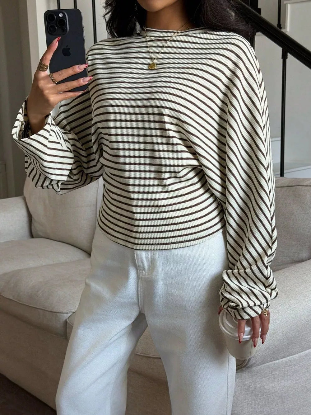 dark brown t-shirt featuring stretch and striped