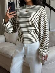 dark brown t-shirt featuring stretch and striped