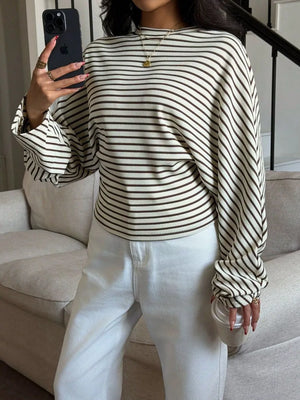 dark brown t-shirt featuring stretch and striped