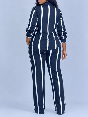 white two-piece set featuring buttoned and striped