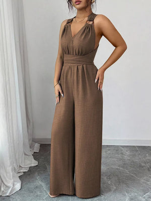 navy blue jumpsuit with v-neck and sleeveless