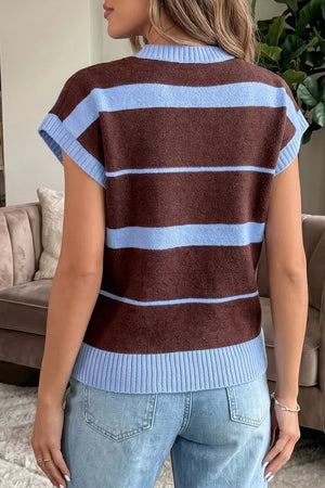 Brown and blue striped knit sweater vest with ribbed crew neck and hem.