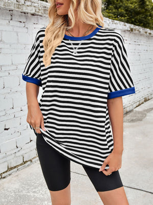 Striped Breton tee with royal blue trim and neckline detail.