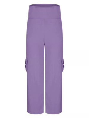 Purple high-waisted yoga pants with cargo pockets and a flared silhouette.