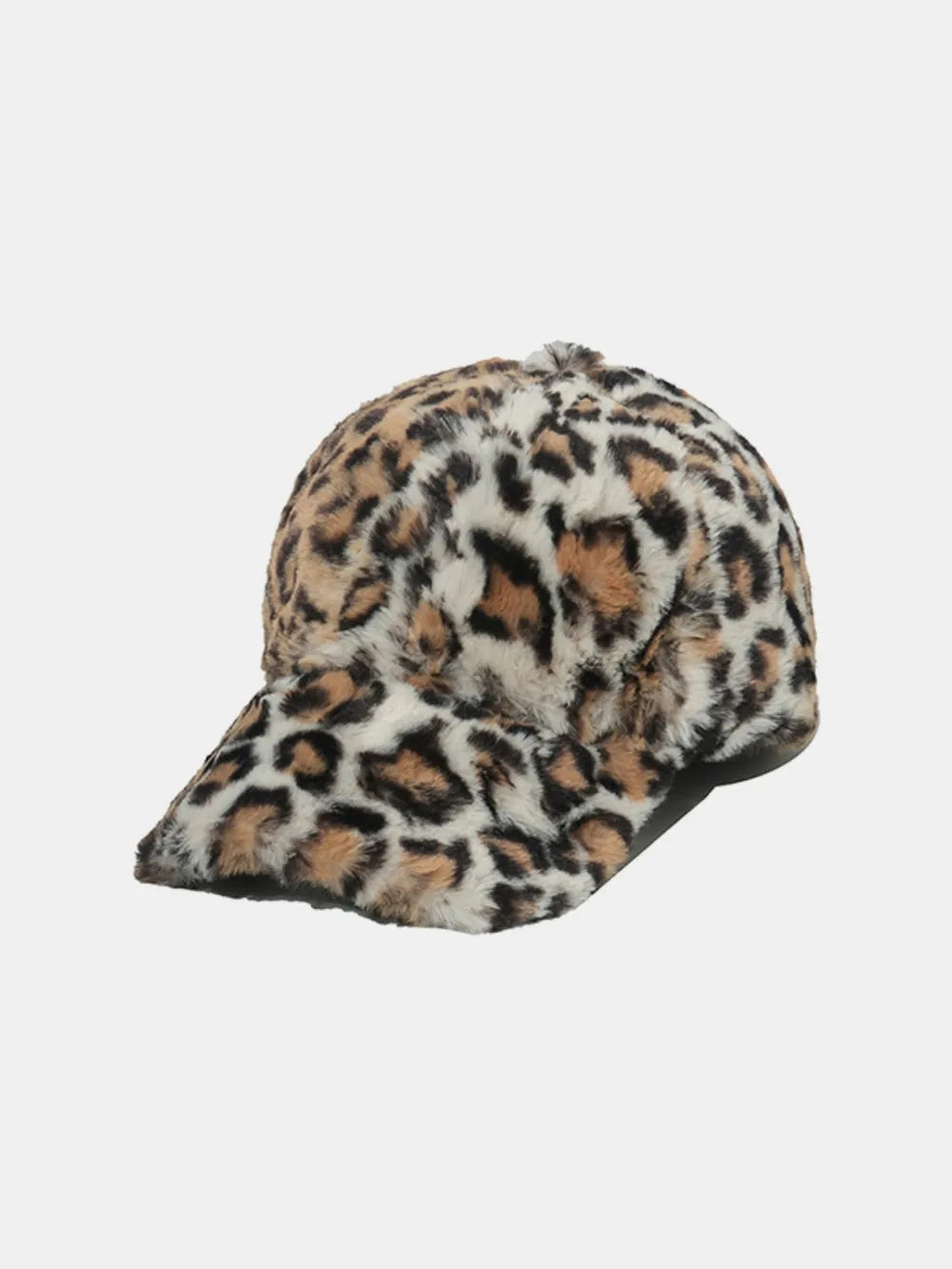 Faux fur leopard print baseball cap with a fluffy texture.