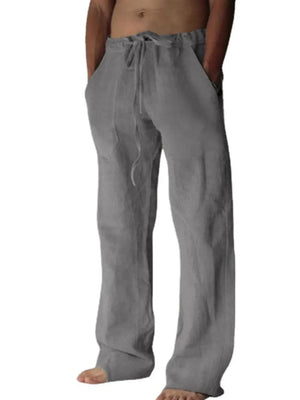 Gray linen blend wide-leg drawstring trousers with pockets and a casual fit.