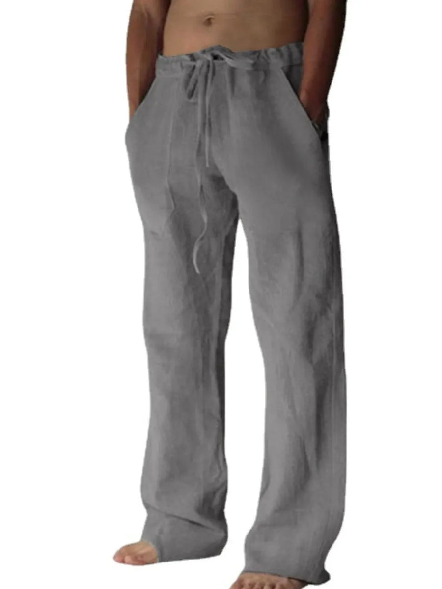 Gray linen blend wide-leg drawstring trousers with pockets and a casual fit.