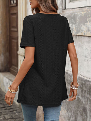 Black eyelet blouse with puff sleeves and square neckline, casual women's top
