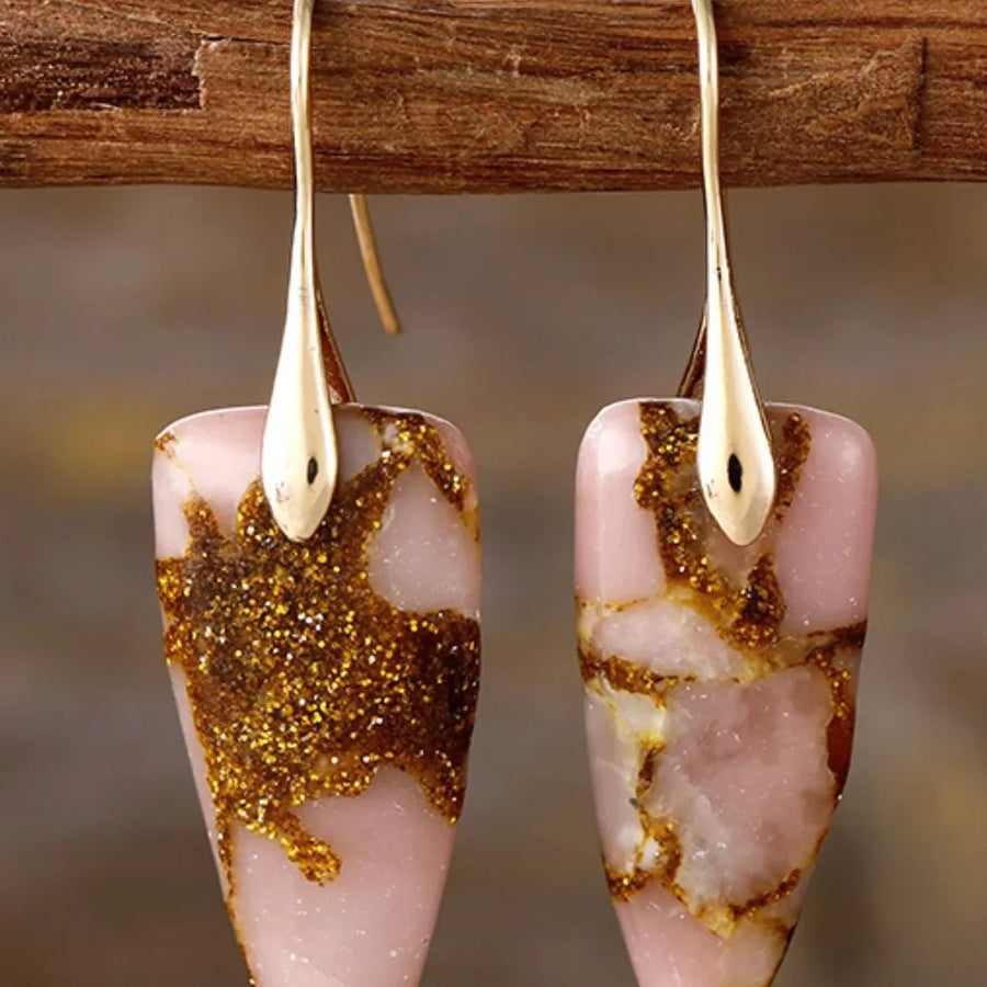 Glitter vein stone drop earrings in gold and pink with unique veining and sparkle detail.