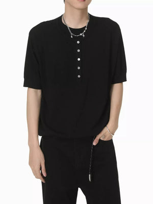 Black short sleeve henley t-shirt with button placket and crew neck.