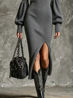 modern sweater dress in rust with mock neck