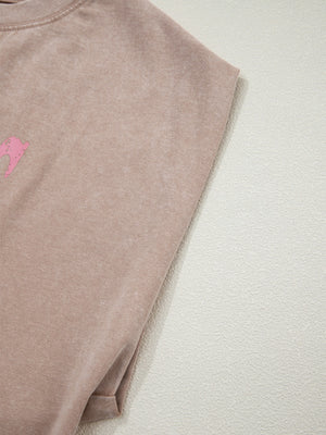 Acid-washed cotton tank top in Khaki with pink graphic detail