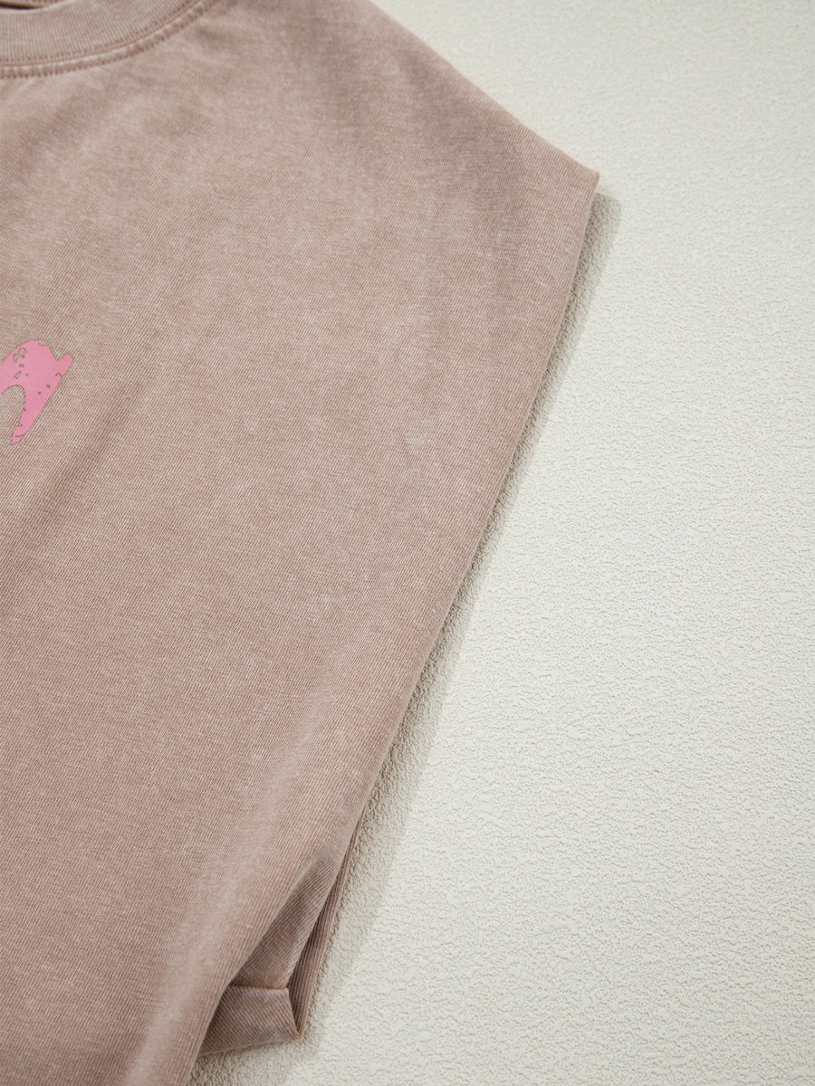 Acid-washed cotton tank top in Khaki with pink graphic detail