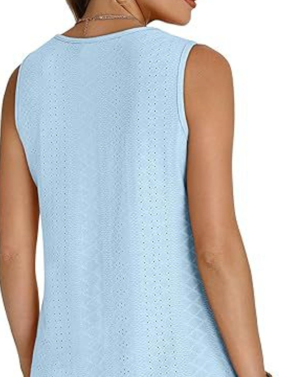 Light blue eyelet V-neck sleeveless tank top with a diamond pattern.