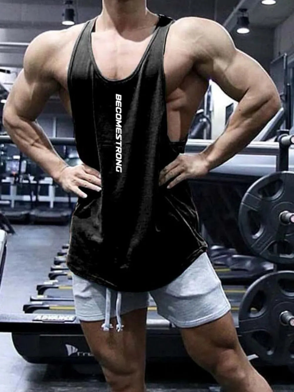 Black slub tank top with white BECOMESTRONG graphic, scoop neck, sleeveless, relaxed fit
