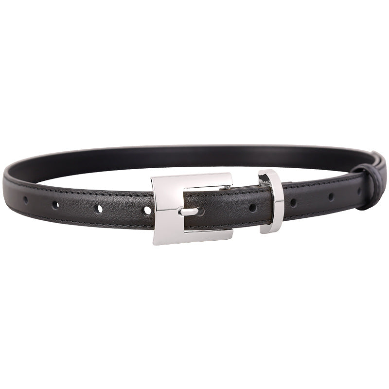 Black cowhide leather belt with a silver square buckle and keeper.