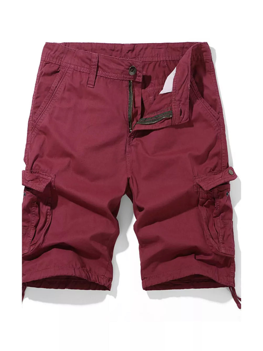 Burgundy cargo shorts for men with button and zip fly, multiple pockets and drawstring hems.