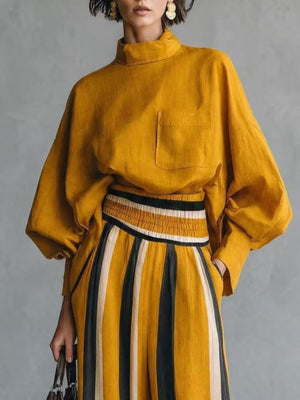 blouse and wide-leg pants set featuring striped in light brown with 100% polyester Care instructions: Machine wash cold