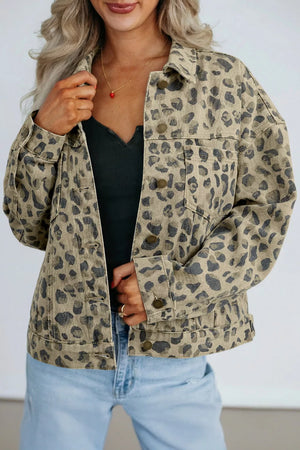 khaki denim jacket with leopard-print and collared