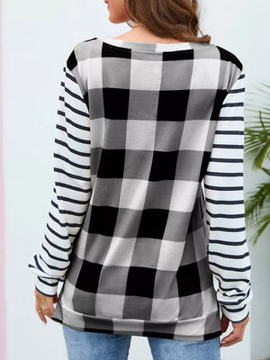 Black Plaid And Stripe Contrast Long Sleeve T-shirt