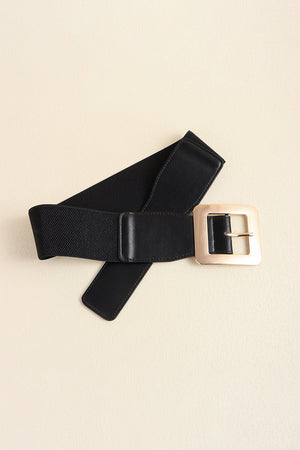 Black vegan leather belt with wide square gold buckle and elastic back.