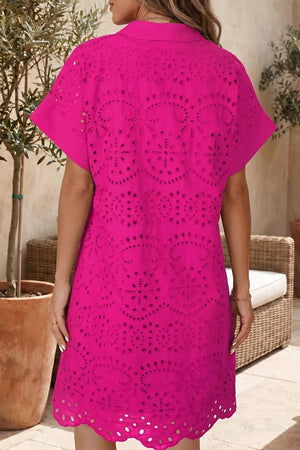 Cotton eyelet dress with V-neck and short sleeves in bright pink