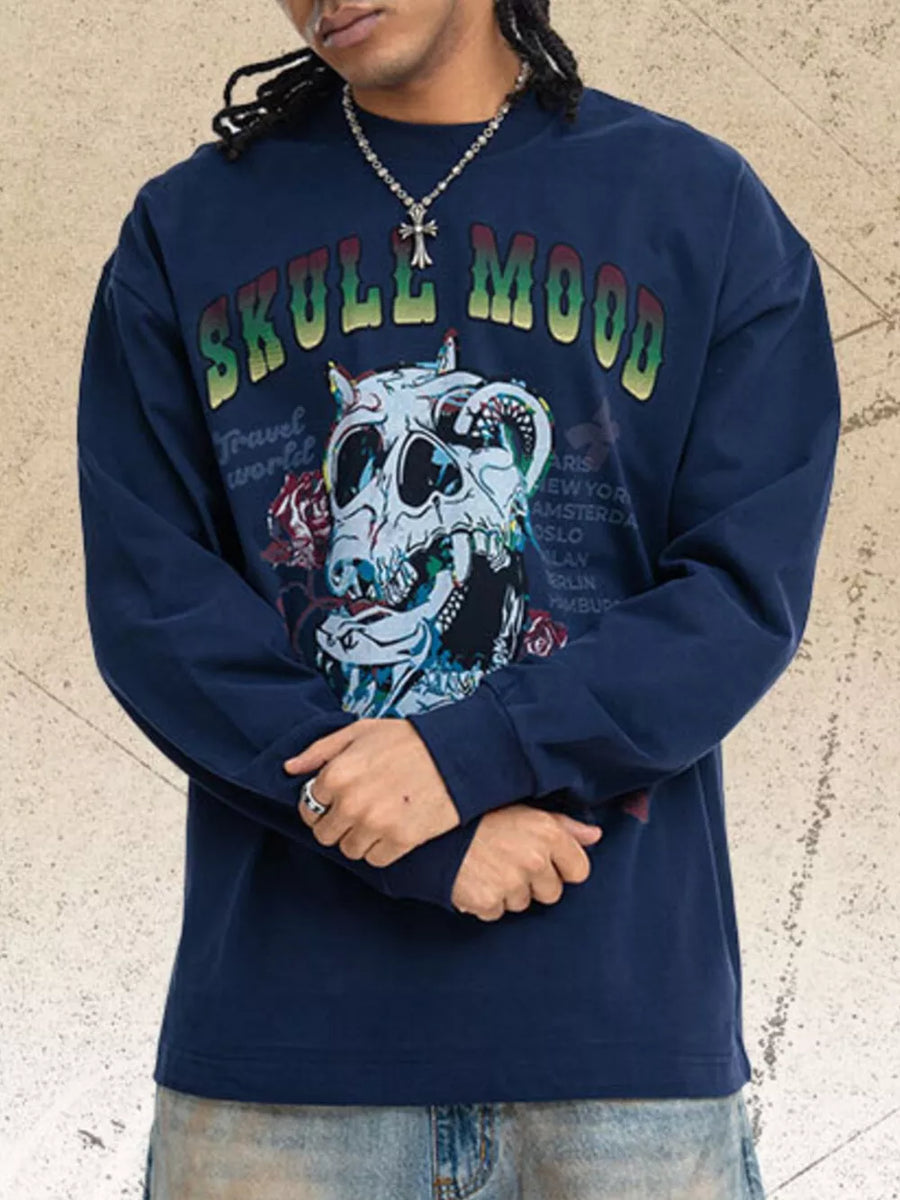 Navy long sleeve t-shirt with skull and snake graphic and "Skull Mood" text