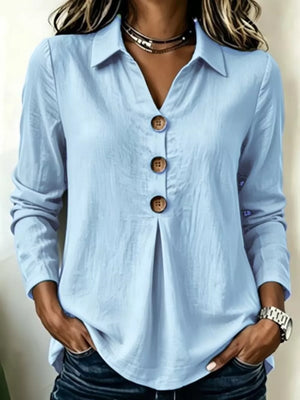 Button Detail Long Sleeve Blouse in Light Blue