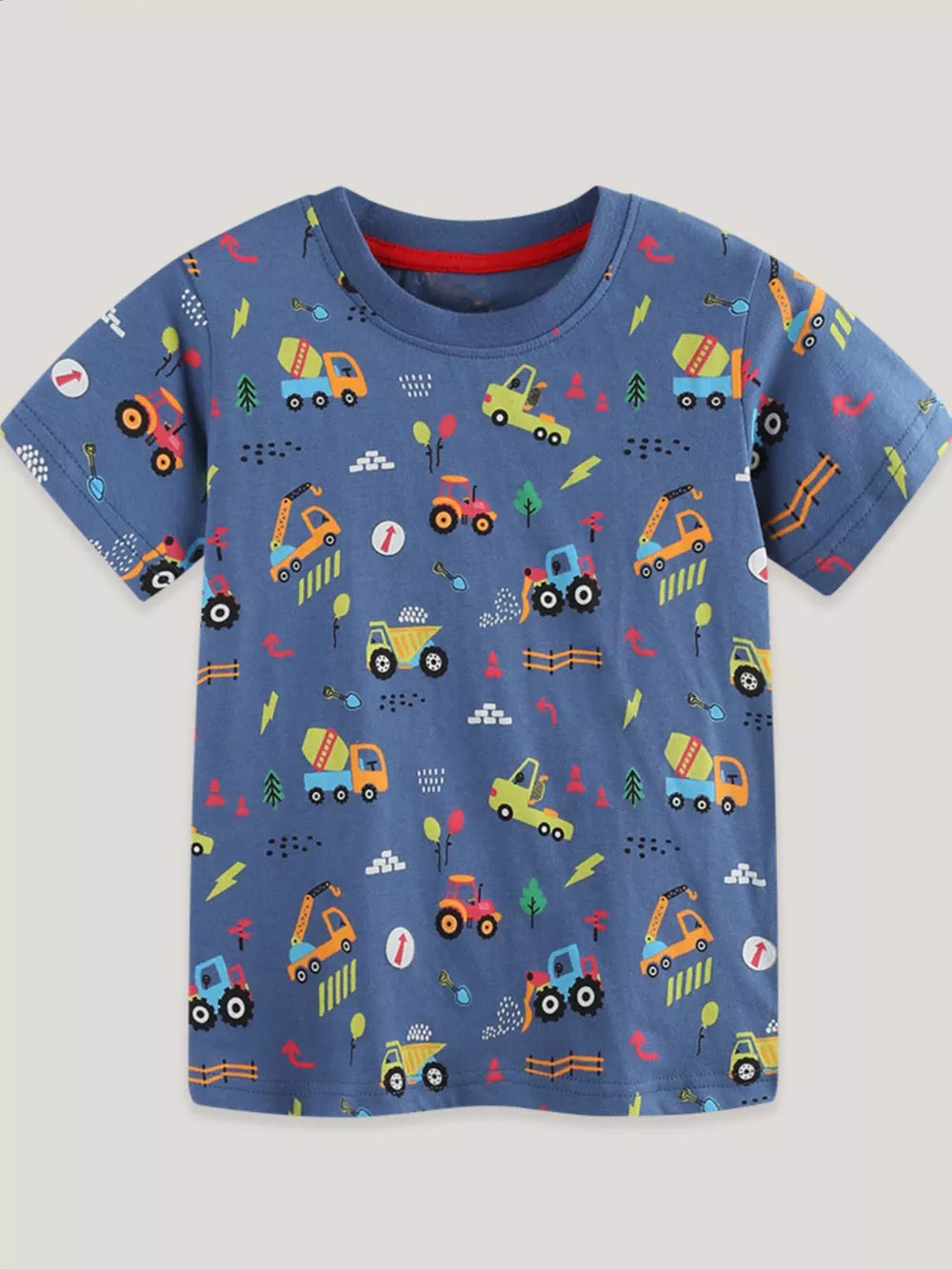 Blue cotton t-shirt with playful construction vehicle print and red trim.