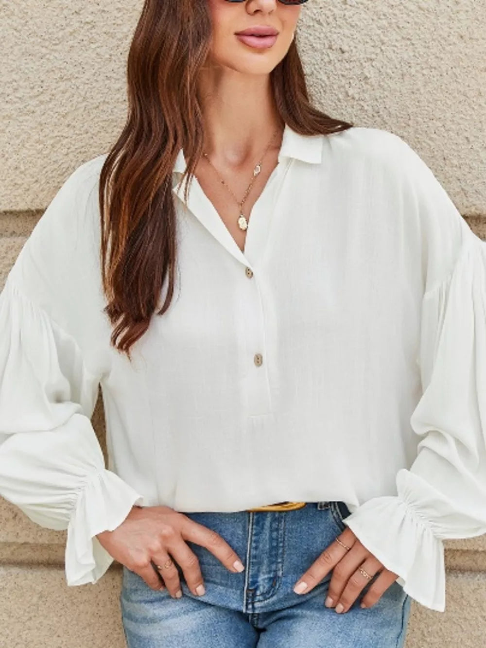 White linen blend shirt with balloon sleeves and ruffled cuffs