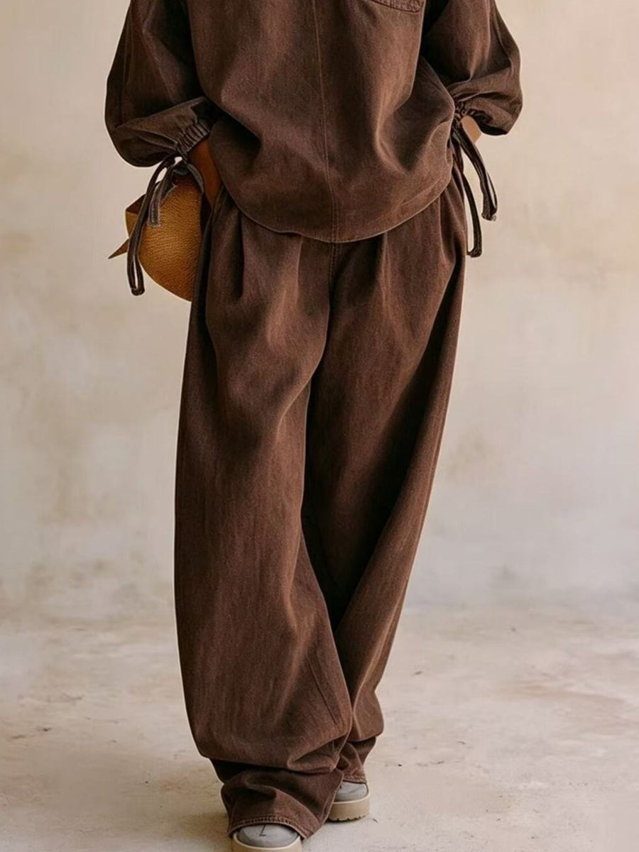 Relaxed Fit Drawstring Sleeve Denim Set in Khaki with drawstring sleeve