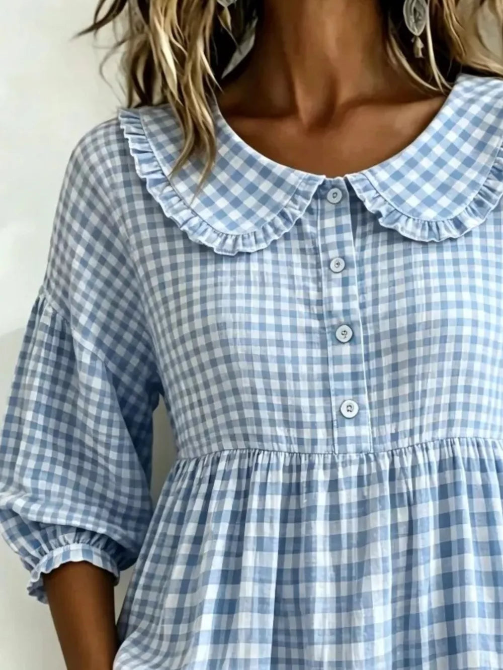 Light Green Full Size Gingham Peter Pan Collar Blouse Plus Size