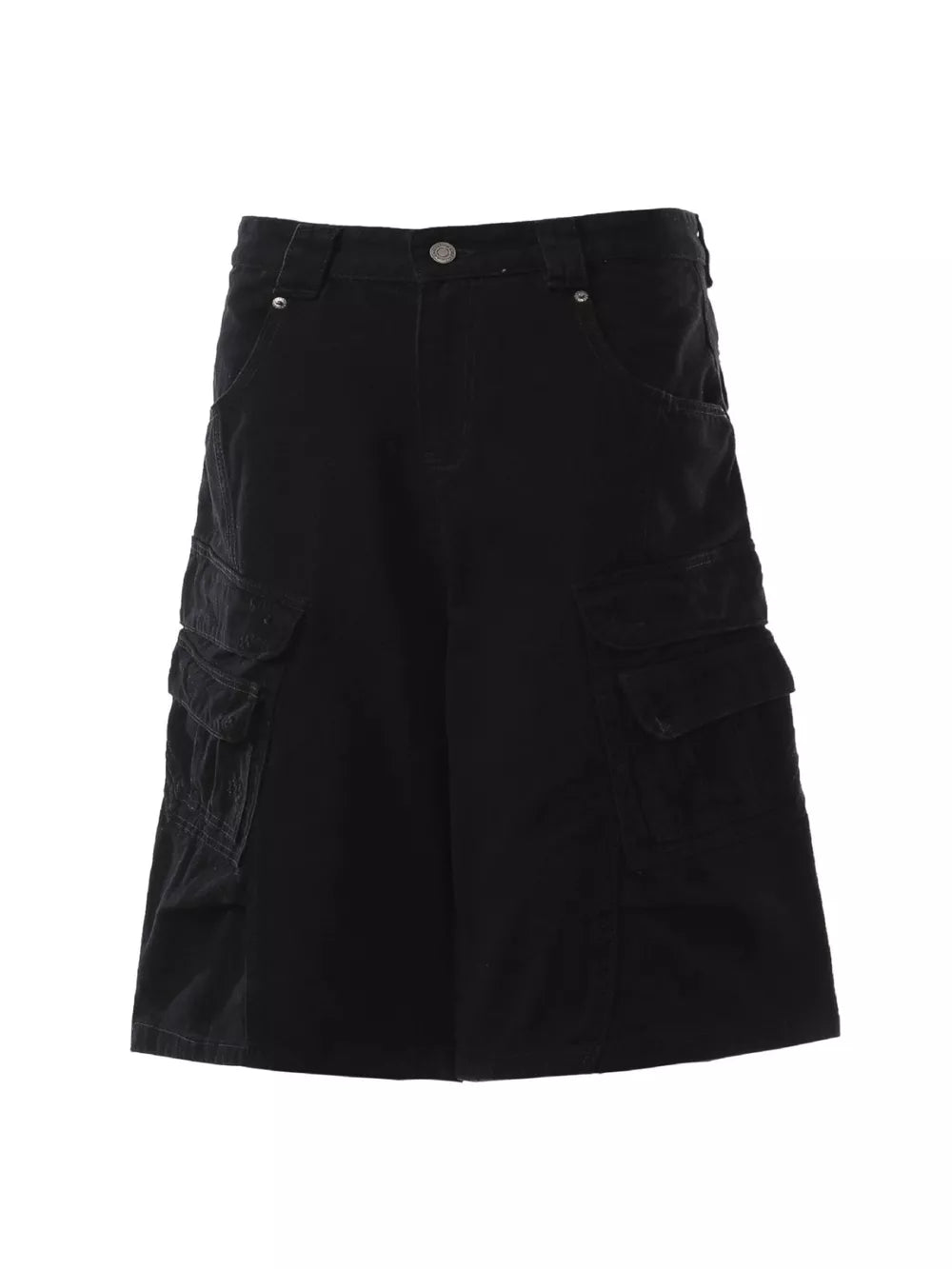 Black cargo capris with multiple pockets and a relaxed fit.