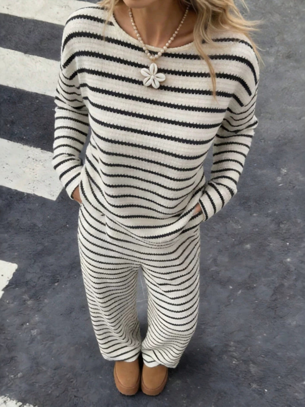 ivory Top and Pants Set with striped and crew neck