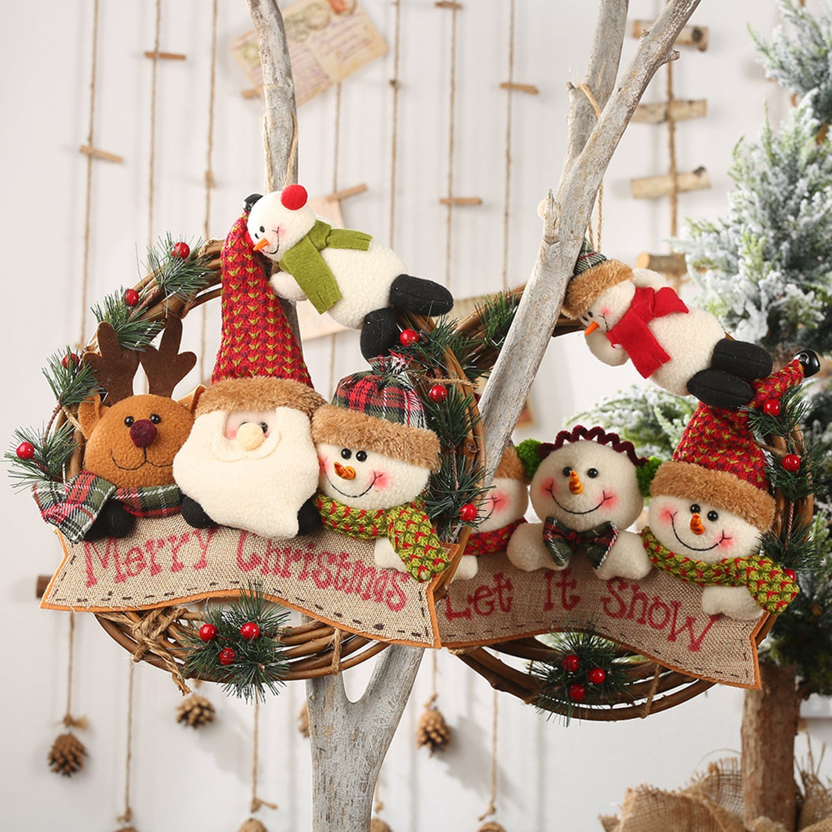 Festive wreath with plush Santa, reindeer, and snowmen characters, Merry Christmas and Let It Snow banners, pine sprigs and