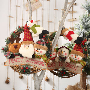 Festive wreath with plush Santa, reindeer, and snowmen characters, Merry Christmas and Let It Snow banners, pine sprigs and