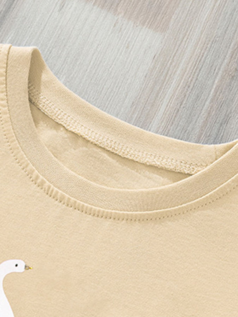 Beige cotton baby girls' t-shirt with swan print and ruffle sleeves