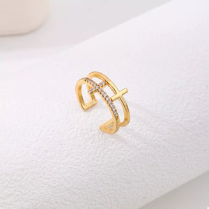 Golden rhinestone cross open ring with double band design